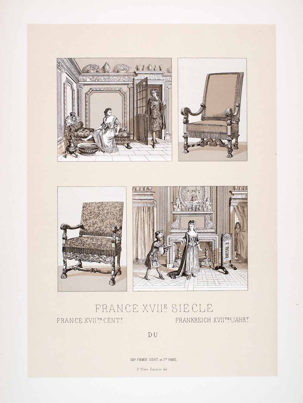1888 Chromolithograph 17th Century France Furniture Interior Costume LCH4