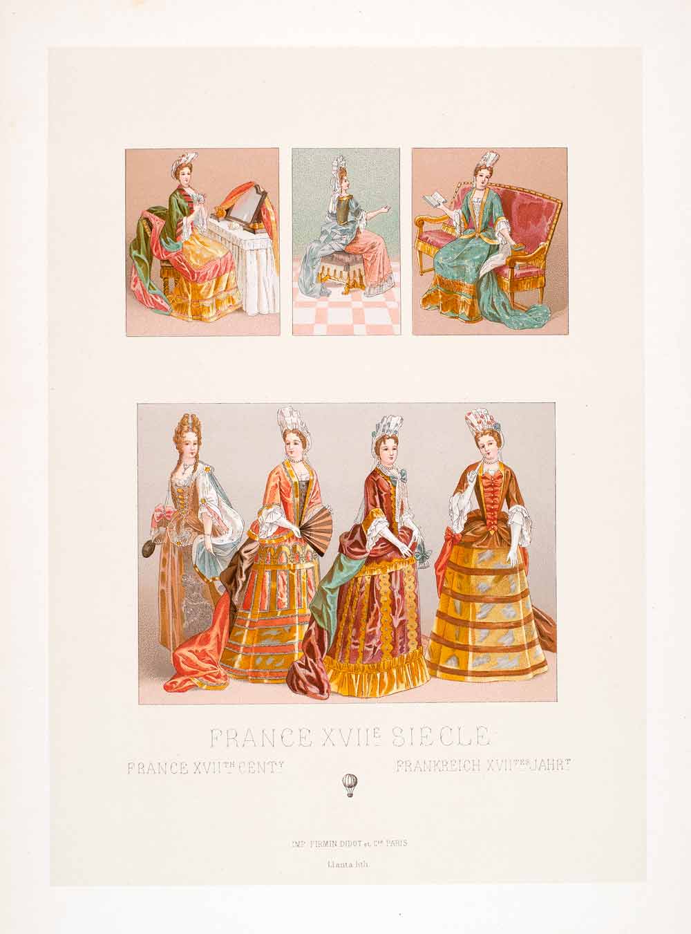 1888 Chromolithograph Costume France 17th Century Dress Fashion Gown LCH4