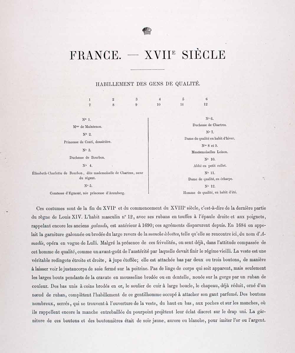 1888 Chromolithograph Maintenon Conti Bourbon Fashion Fontange Dress LCH4