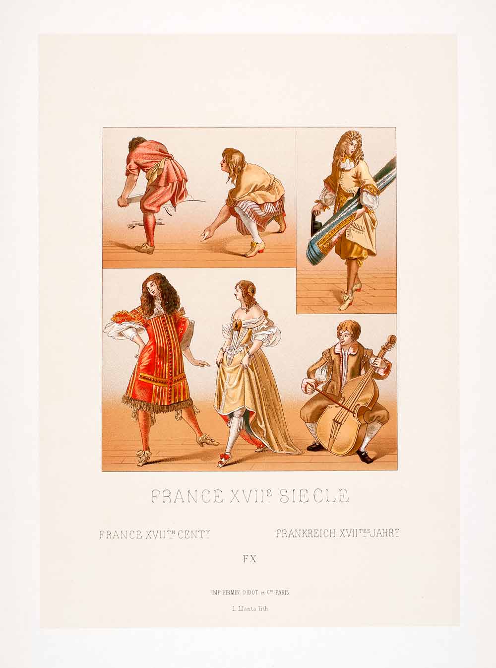 1888 Chromolithograph Bourgeois Ball Costume Gown France 17th Century Cello LCH4