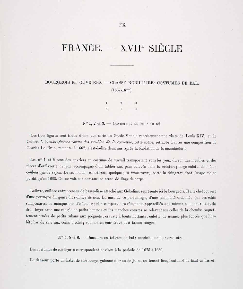 1888 Chromolithograph Bourgeois Ball Costume Gown France 17th Century Cello LCH4