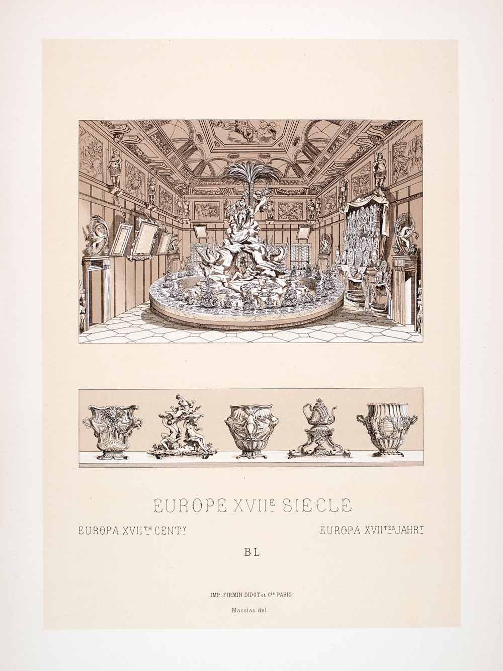 1888 Chromolithograph Surtout Table Setting 17th Century Centerpiece LCH4