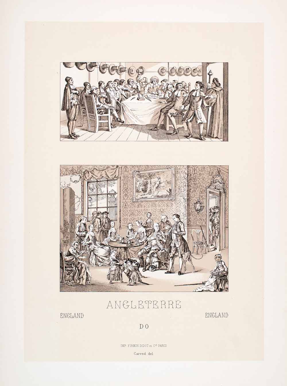 1888 Chromolithograph Puritan England Bourgeois Interior Family Costume LCH4
