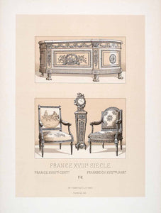 1888 Chromolithograph Furniture 18th Century Chair Cabinet Clock France LCH4