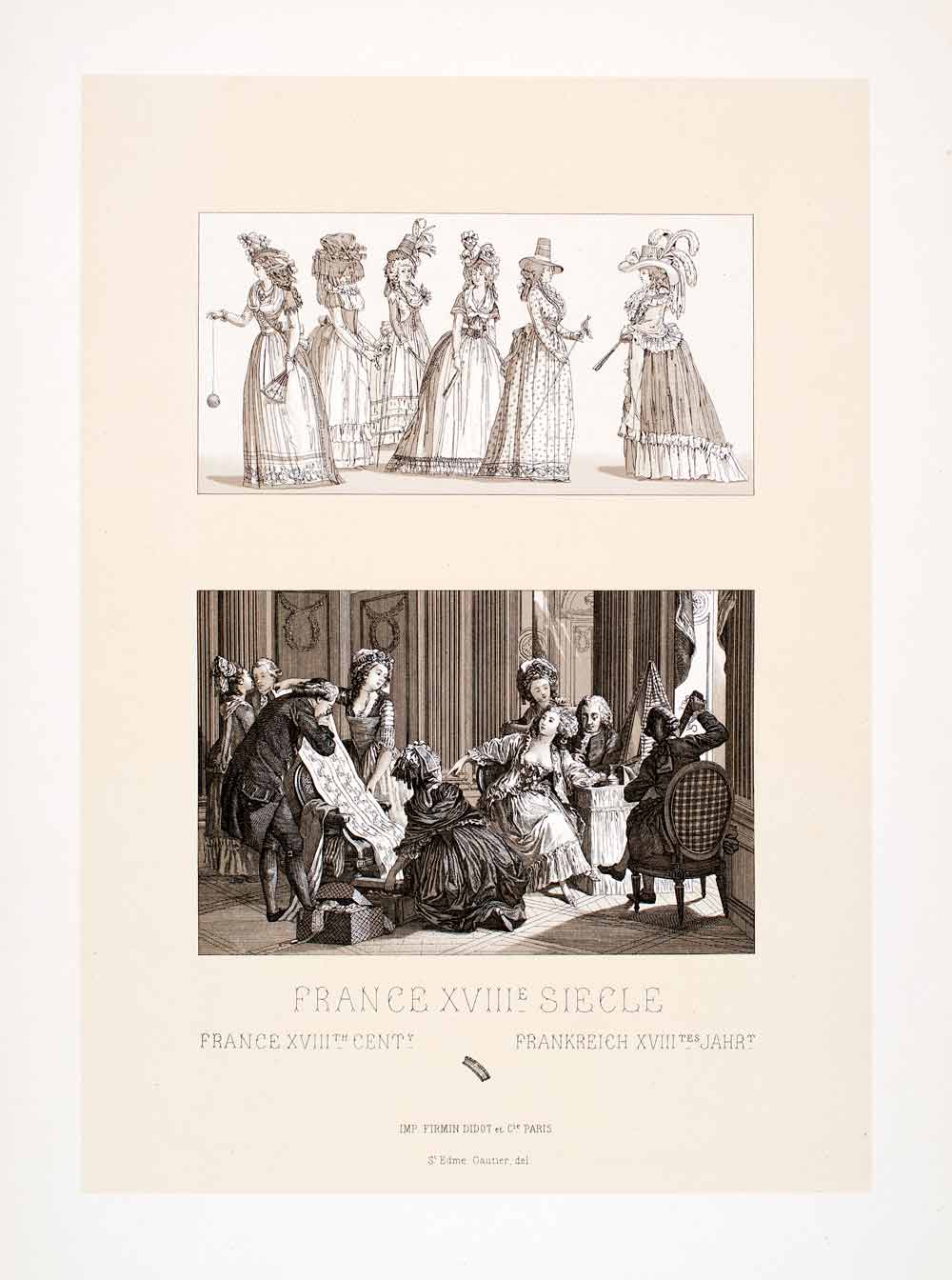 1888 Chromolithograph 18th Century France Fashion Tradition Dress Gown Hat LCH4