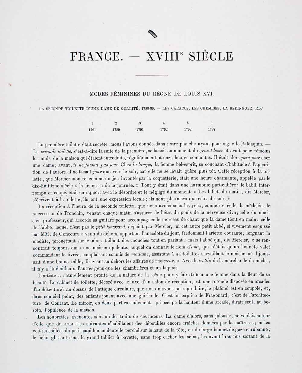 1888 Chromolithograph 18th Century France Fashion Tradition Dress Gown Hat LCH4