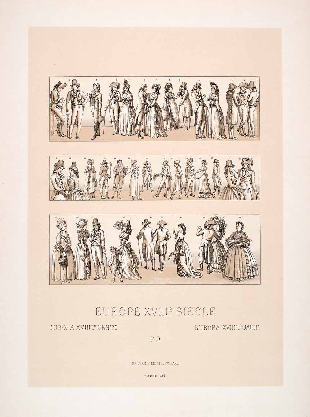 1888 Chromolithograph 18th Century Costume Fashion Consulat Europe LCH5