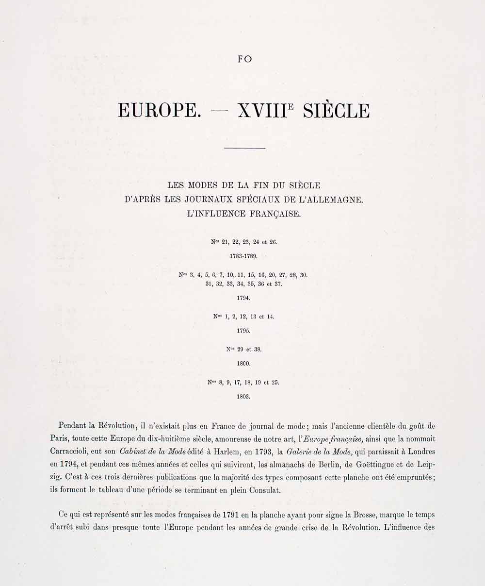 1888 Chromolithograph 18th Century Costume Fashion Consulat Europe LCH5