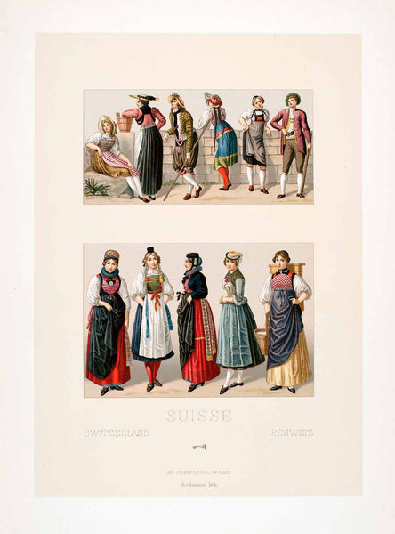 1888 Chromolithograph Switzerland Costume Fashion 19th Century