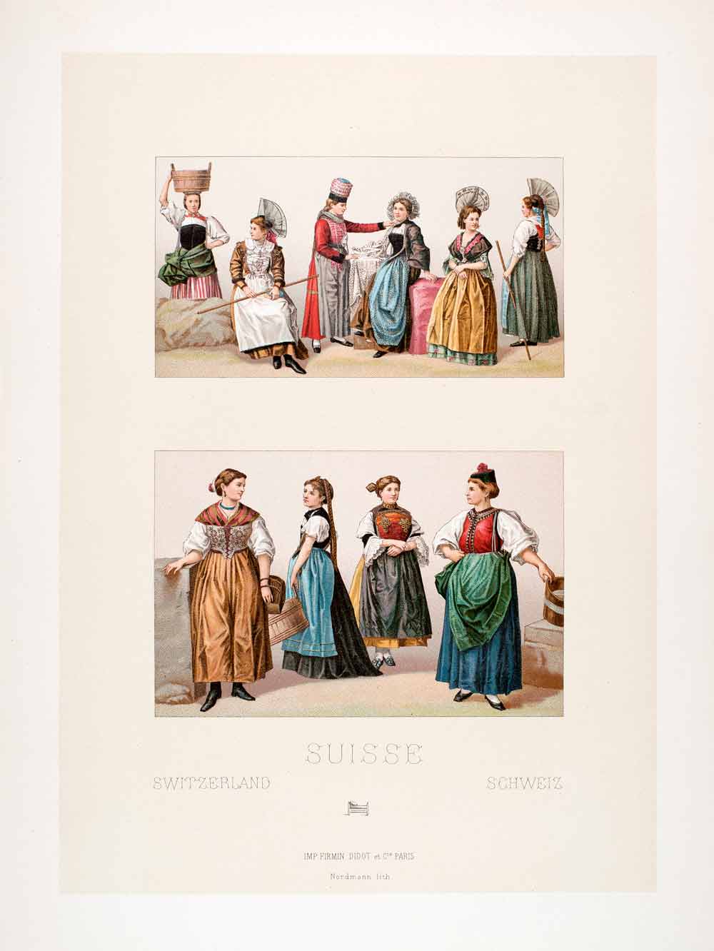 1888 Chromolithograph Switzerland Costume Clothing Headdress Bodice LCH5
