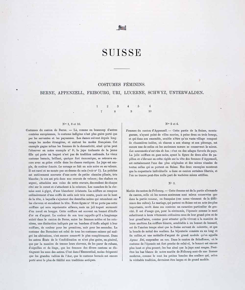 1888 Chromolithograph Switzerland Costume Clothing Headdress Bodice LCH5