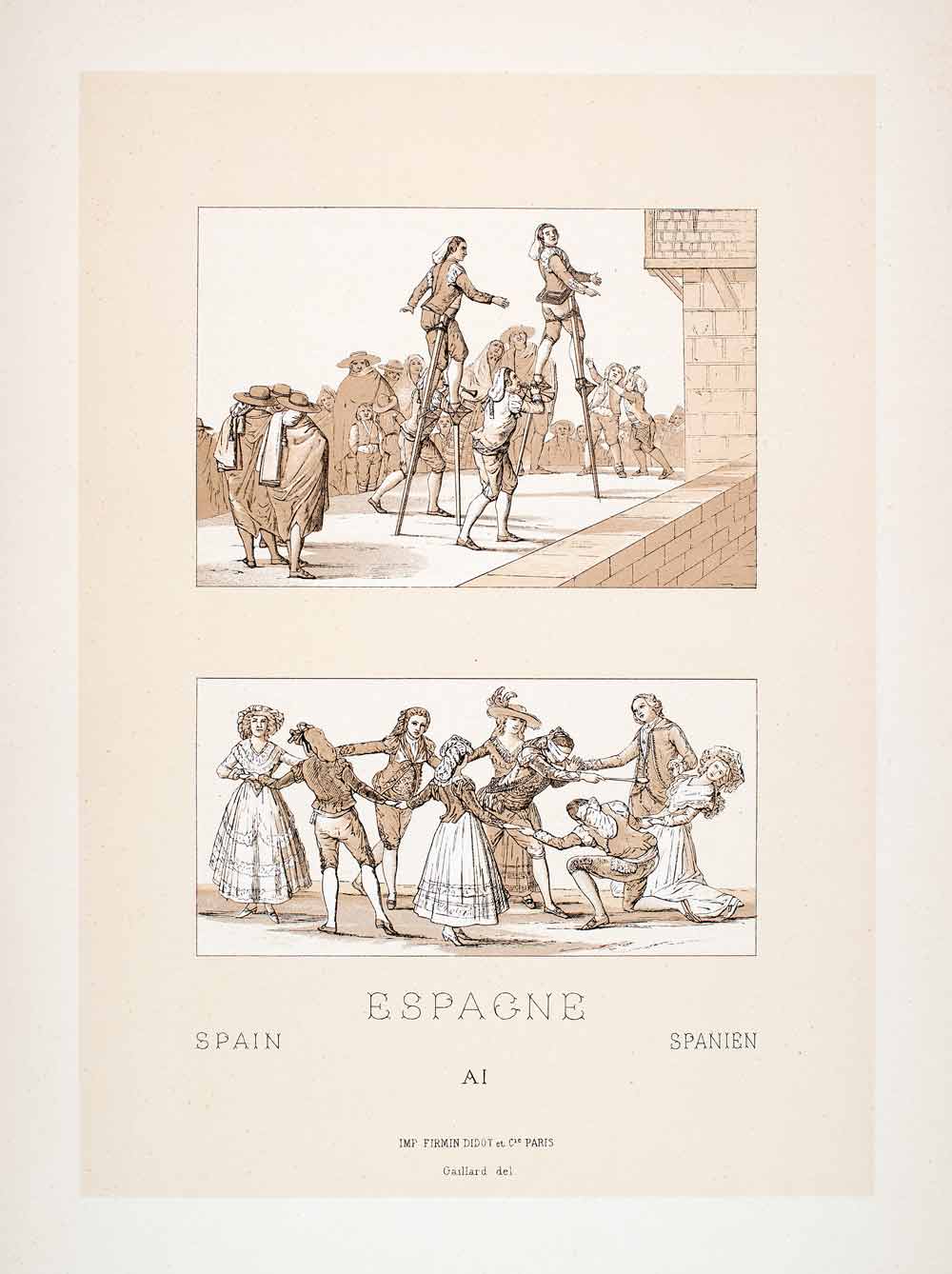 1888 Chromolithograph Spain Costume 18th Century Stilts Dress Game LCH5