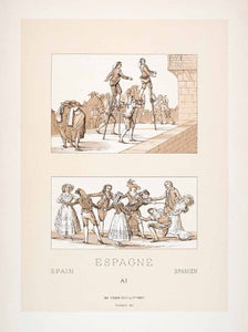 1888 Chromolithograph Spain Costume 18th Century Stilts Dress Game LCH5