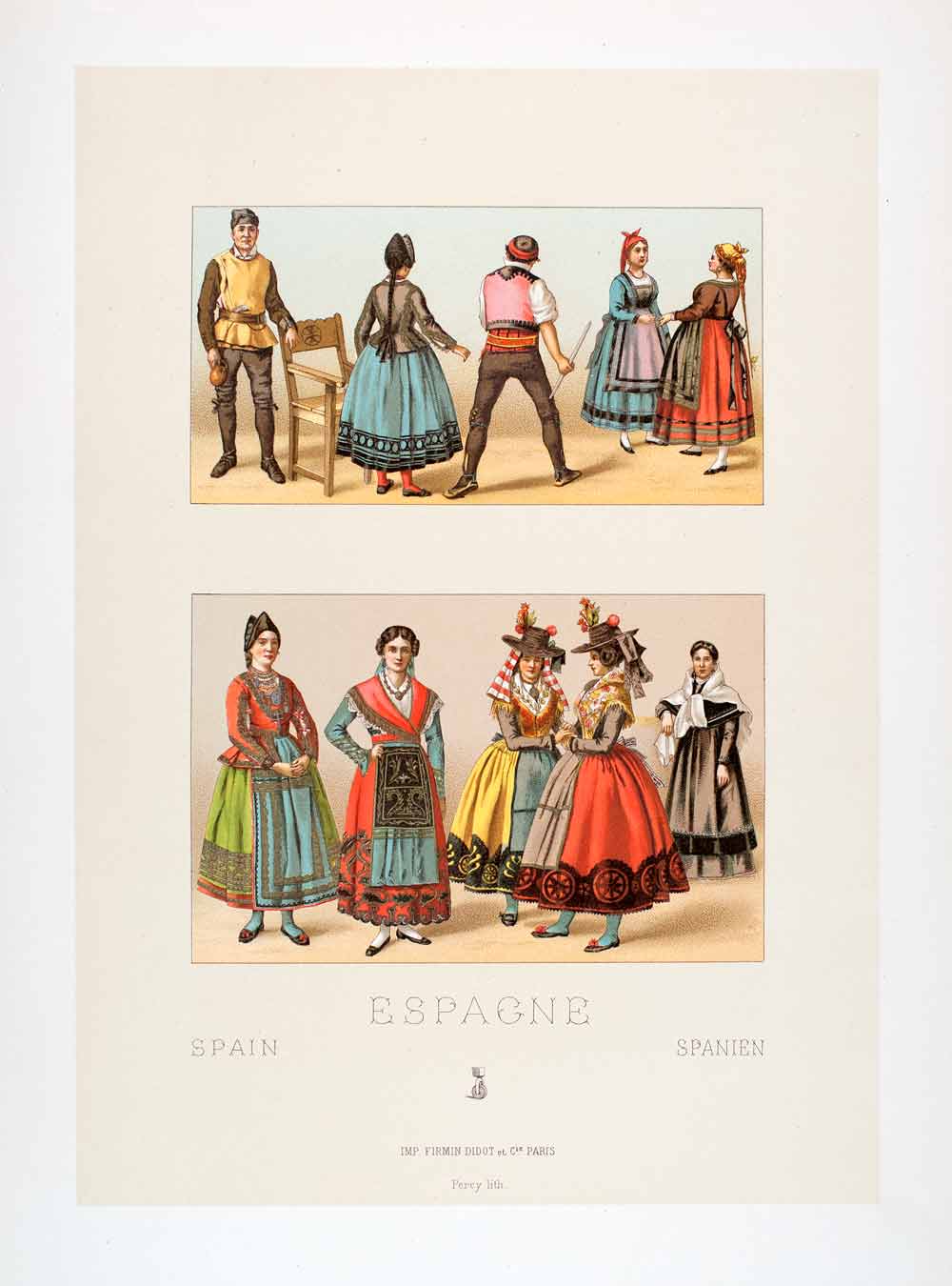 1888 Chromolithograph Folk Costume Spain Leon Old Castile Traditional Dress LCH5