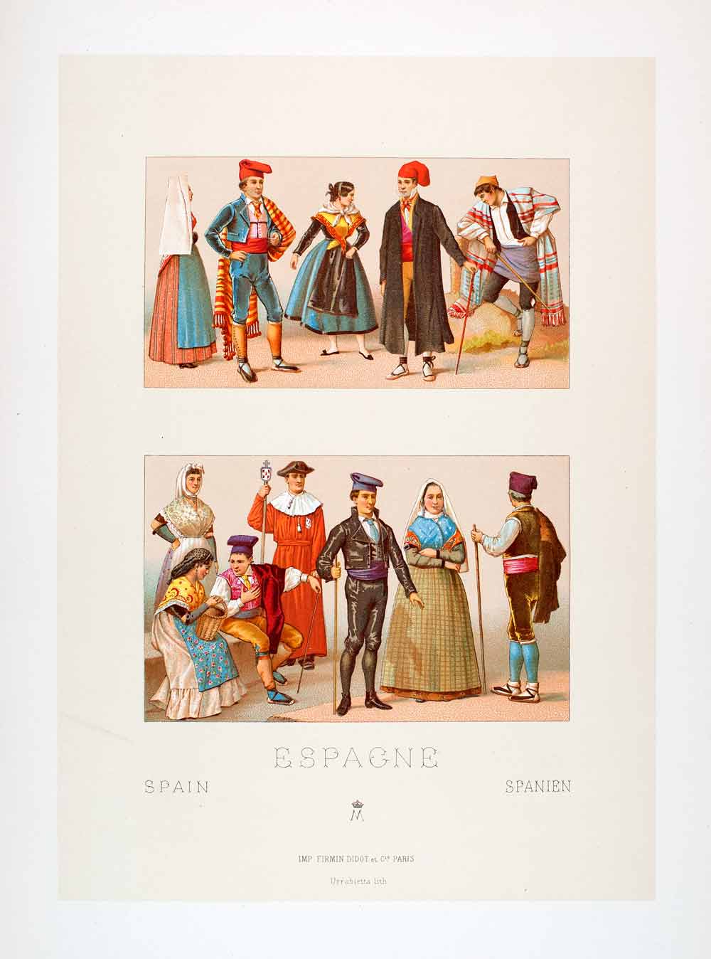 1888 Chromolithograph Folk Costume Spain Catalan Aragon Traditional Gorro LCH5
