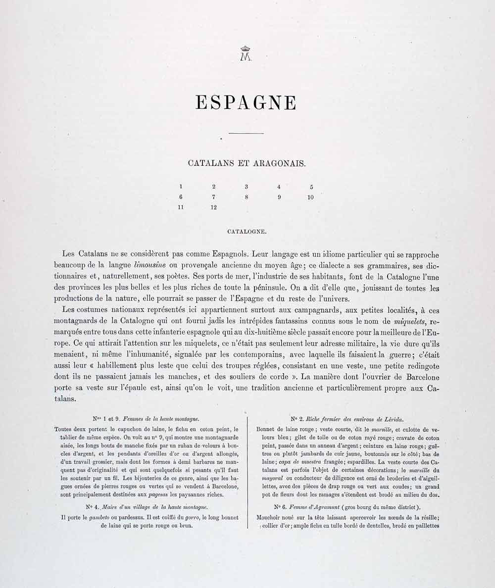 1888 Chromolithograph Folk Costume Spain Catalan Aragon Traditional Gorro LCH5