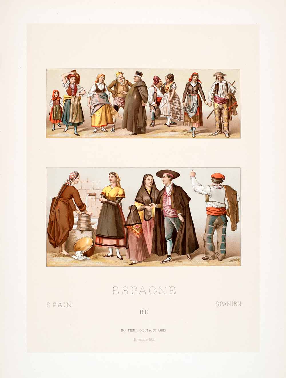 1888 Chromolithograph Costume Spain Aragon Murcia Basque Girl Folk Fashion LCH5