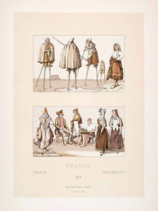 1888 Chromolithograph Landes Pyrenees 19th Century Costume Stilts Tradition LCH5