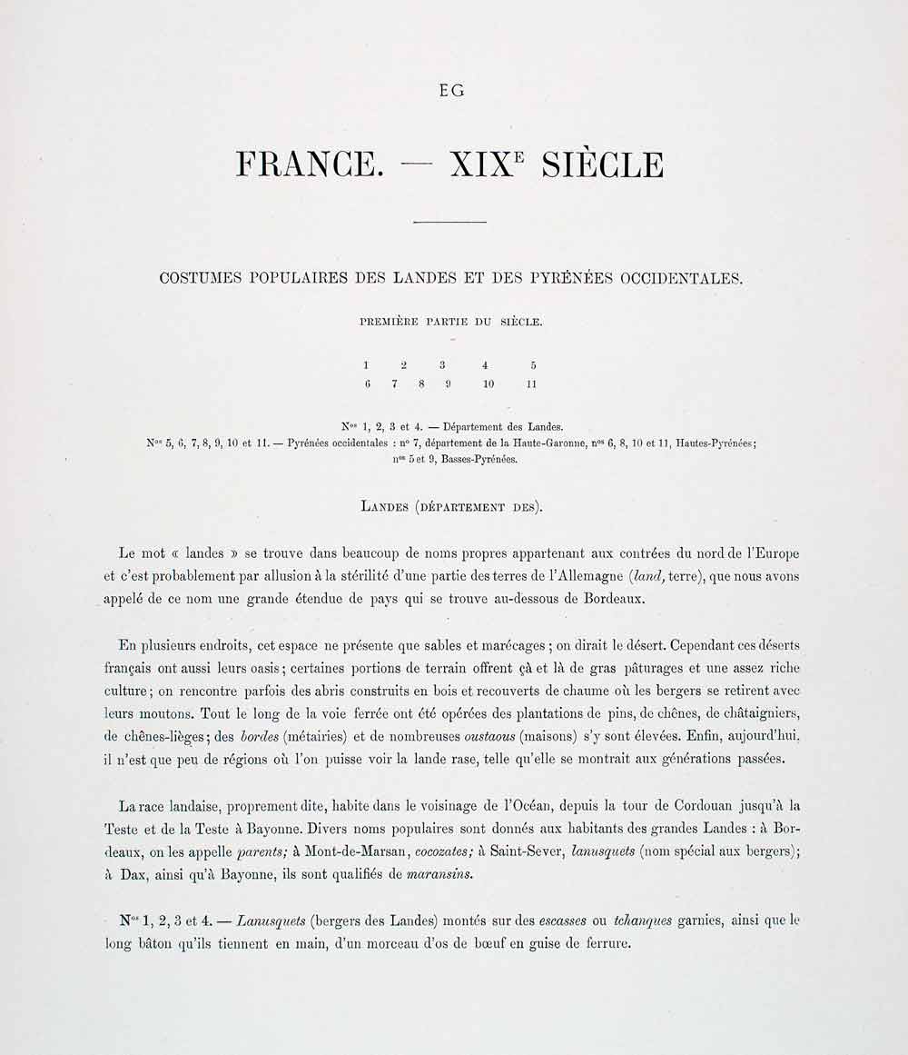 1888 Chromolithograph Landes Pyrenees 19th Century Costume Stilts Tradition LCH5