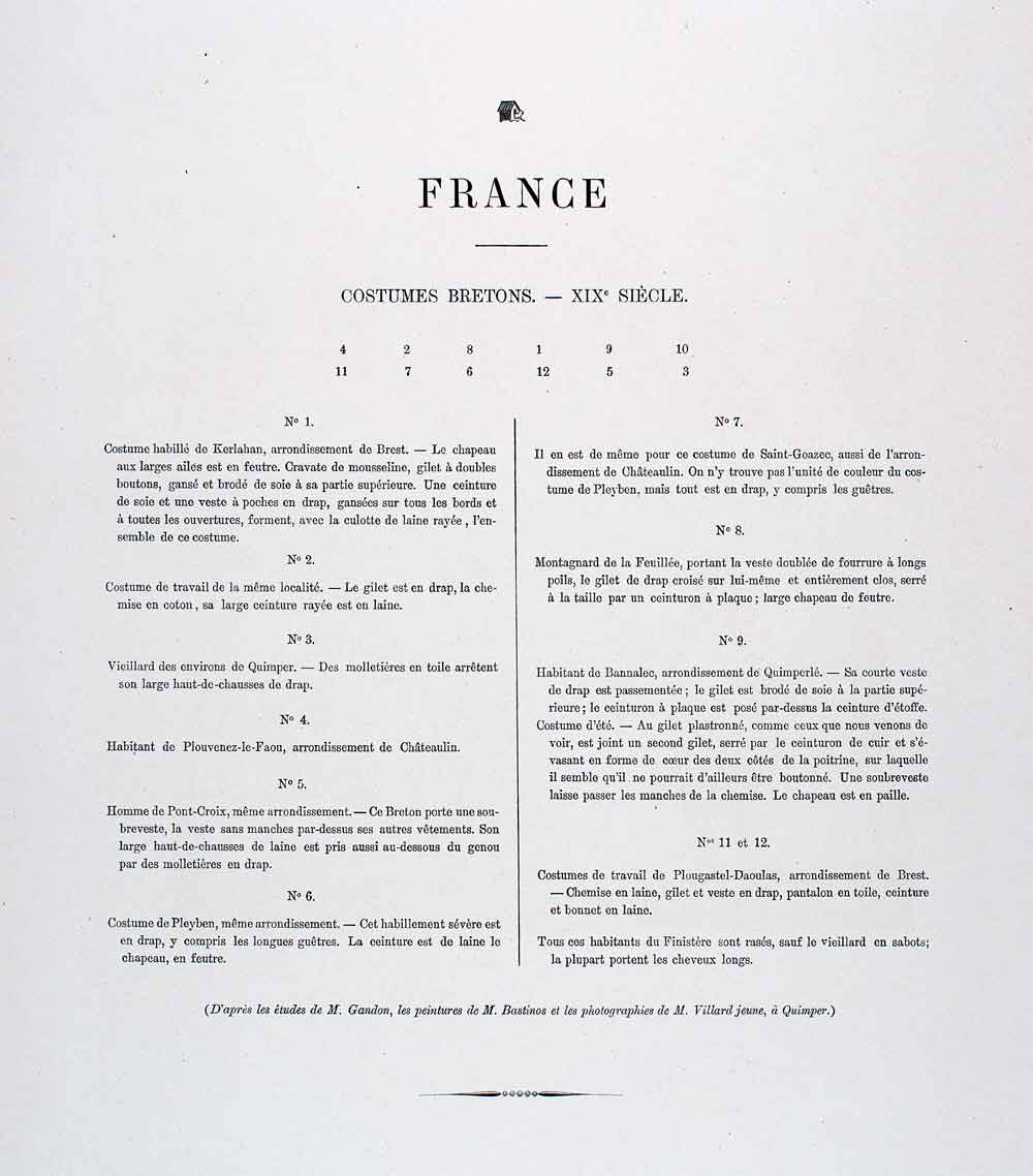 1888 Chromolithograph 19th Century Breton Brittany Mens Folk Clothing LCH5