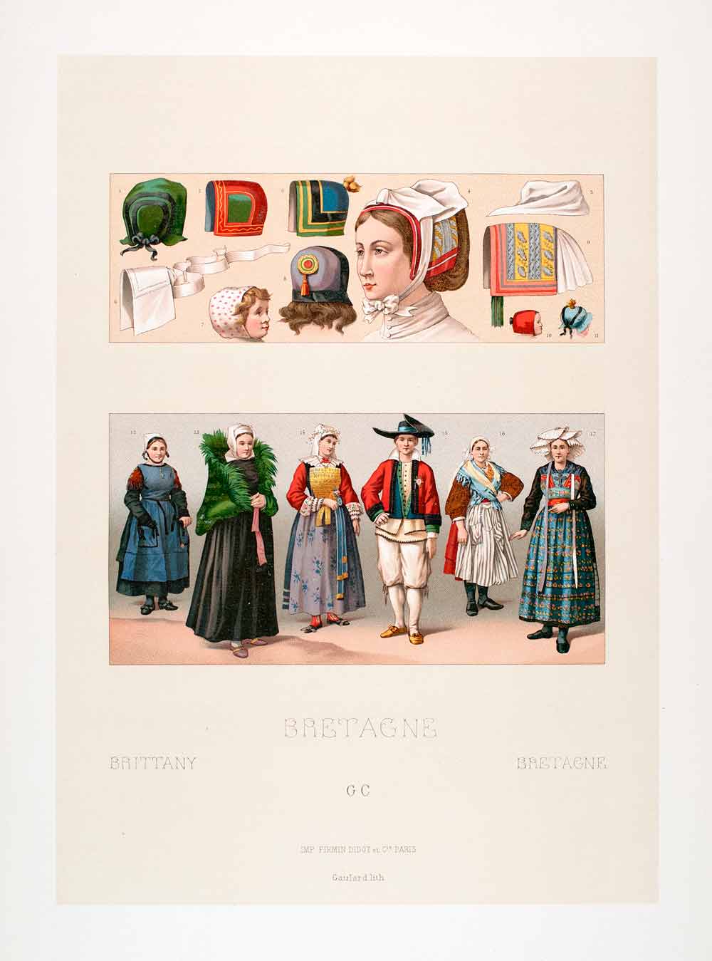 1888 Chromolithograph Bigouden Cabellou Sablaise Ventel Costume Brittany LCH5