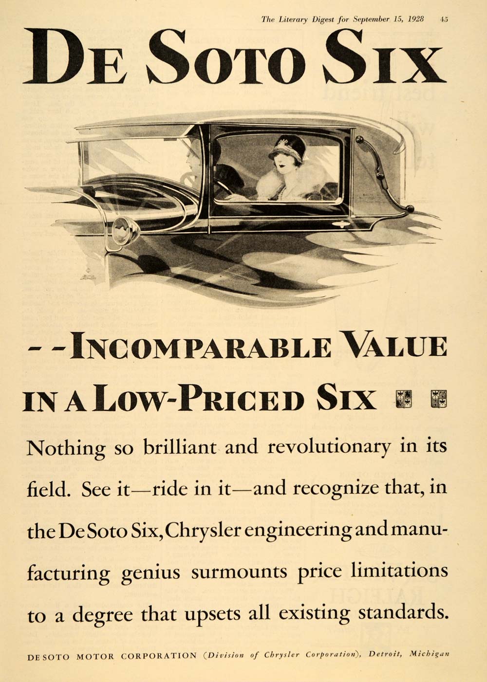 1928 Print Ad Vintage De Soto Six Sedan Automobile Car - ORIGINAL LD1