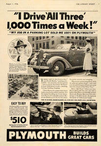 1936 Ad Plymouth Car Frank H. Mattix NYC Parking Lot - ORIGINAL ADVERTISING LD1