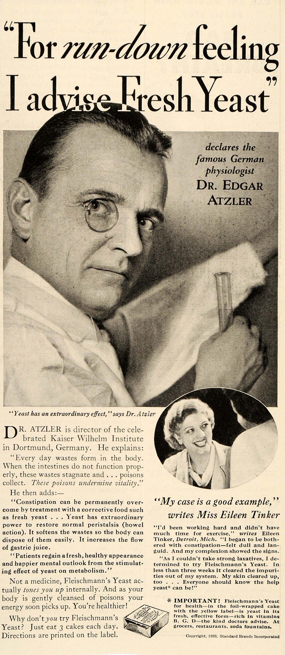 1933 Ad Fleischmann's Yeast Dr. Edgar Atzler Health - ORIGINAL ADVERTISING LD1