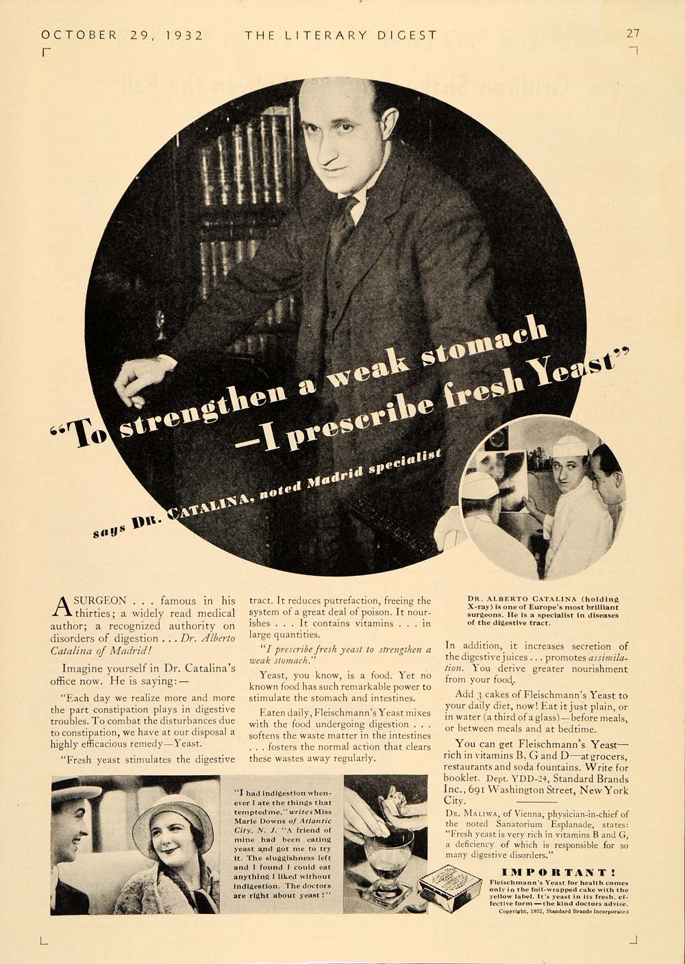 1932 Ad Fleischmann's Yeast Dr. Alberto Catalina Madrid - ORIGINAL LD1