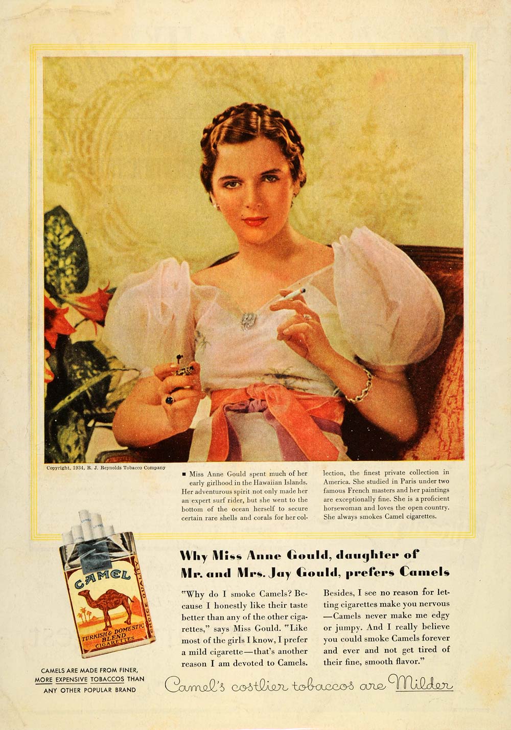 1934 Ad Camel Cigarettes Box Miss Anne Gould Heiress - ORIGINAL ADVERTISING LD1