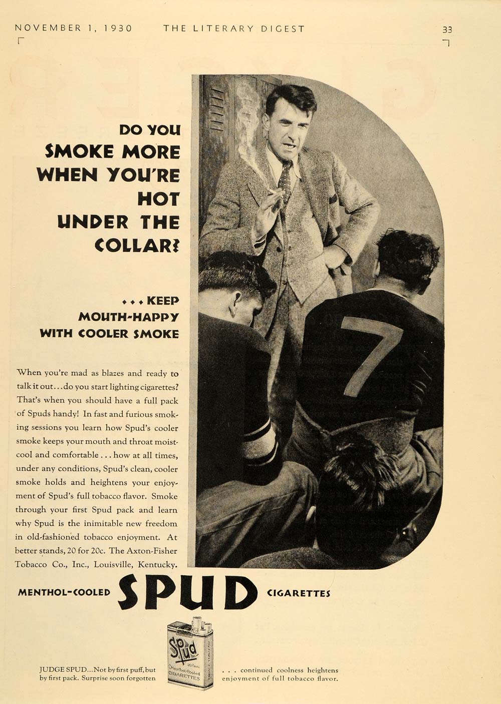 1930 Ad Spud Menthol Cigarettes Football Locker Room - ORIGINAL ADVERTISING LD1