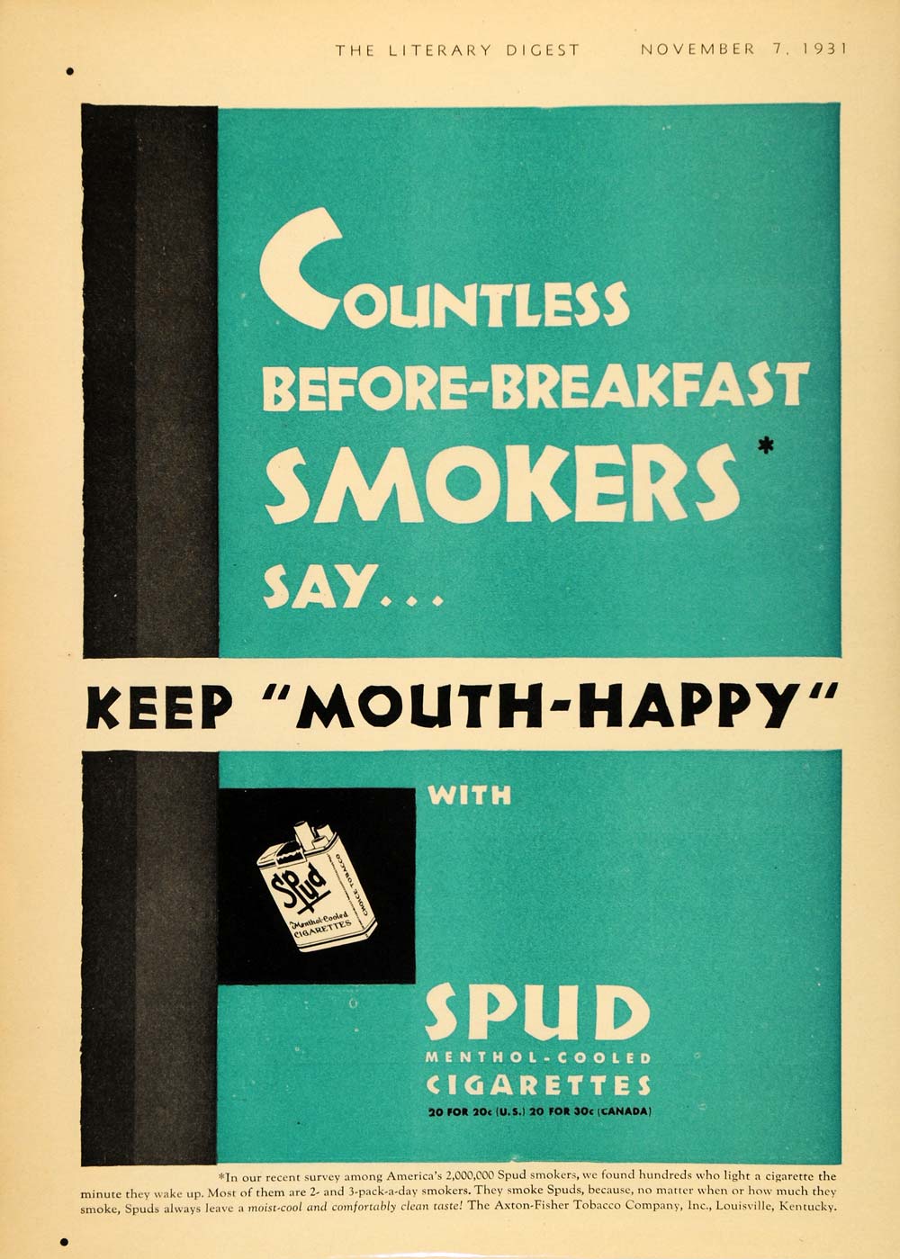 1931 Print Ad Spud Menthol Cigarettes Breakfast Smokers - ORIGINAL LD1