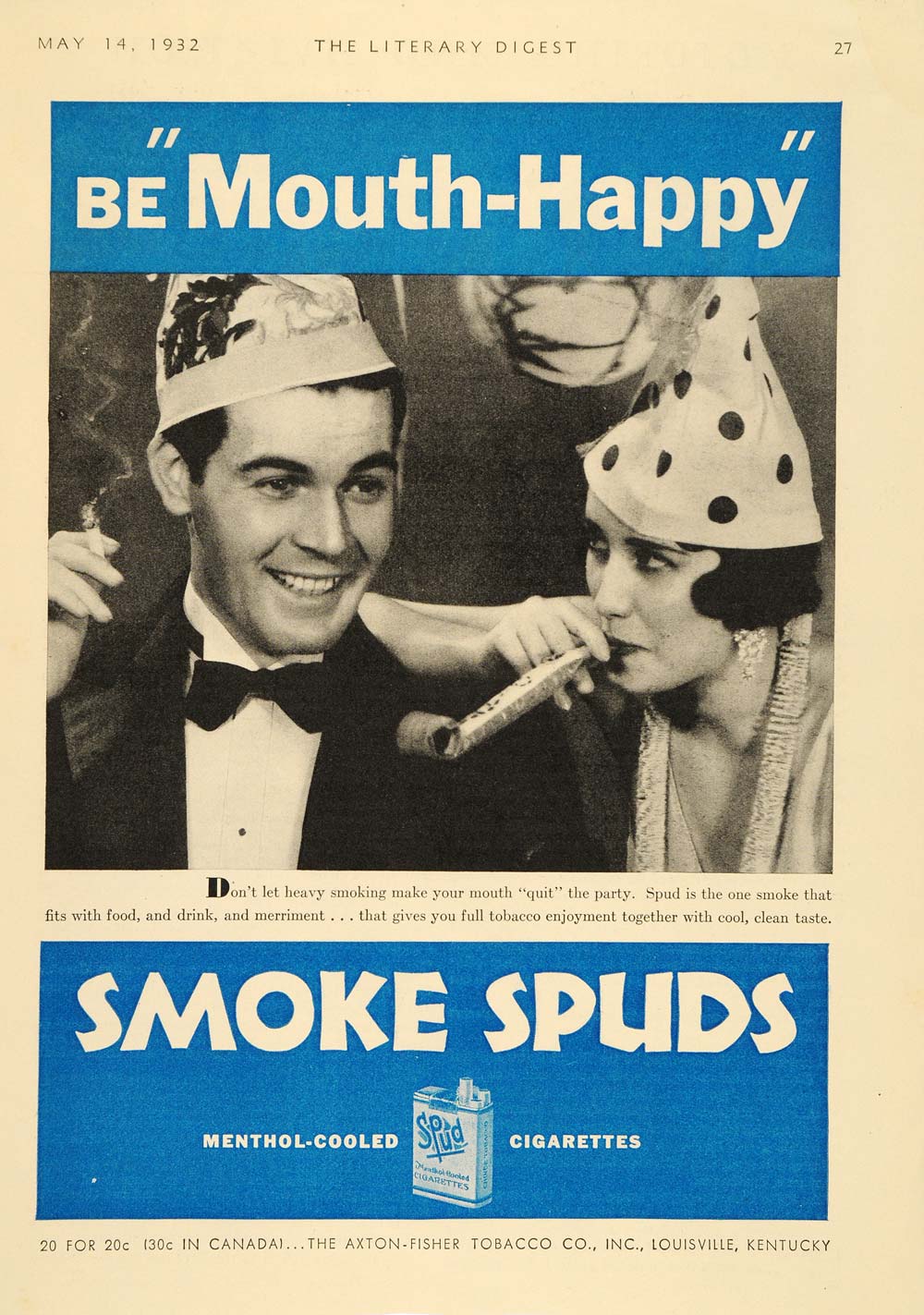 1932 Ad Spud Menthol Cigarettes Party Hats Noisemakers - ORIGINAL LD1