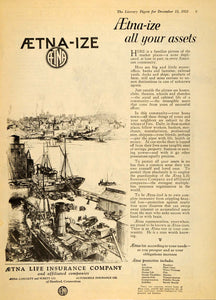 1923 Ad Aetna Life Insurance Company Dock Harbor Ships - ORIGINAL LD1