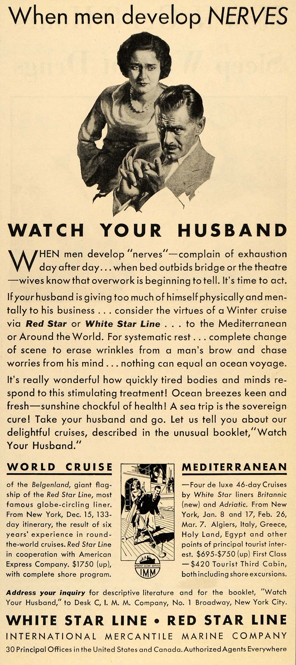 1930 Ad Red White Star Line Cruises Mediterranean World - ORIGINAL LD1