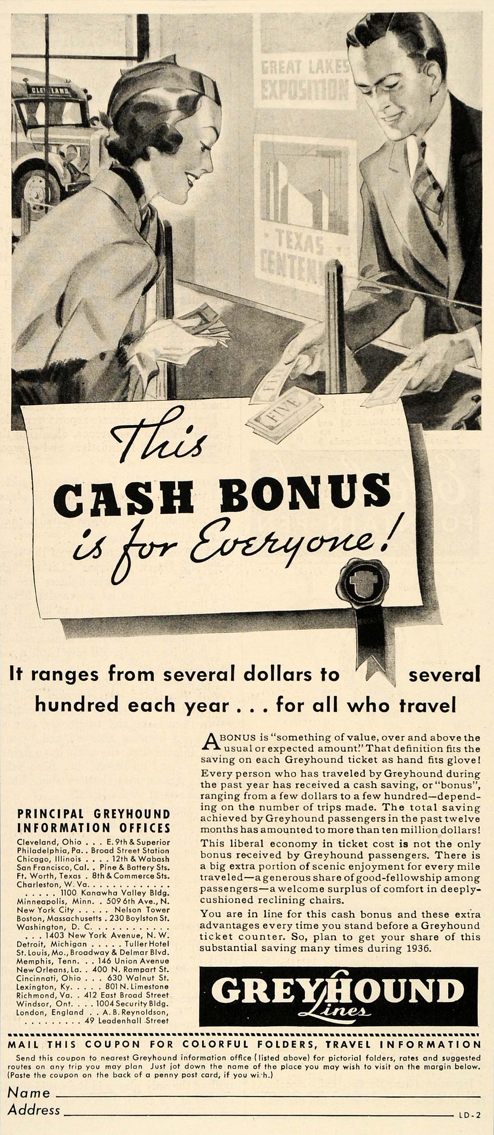1936 Ad Greyhound Lines Bus Ticket Counter Cash Bonus - ORIGINAL ADVERTISING LD1