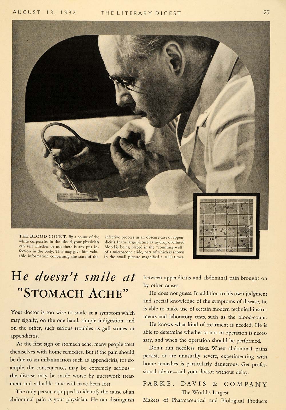 1932 Ad Parke Davis Blood Count Doctor Microscope Slide - ORIGINAL LD1