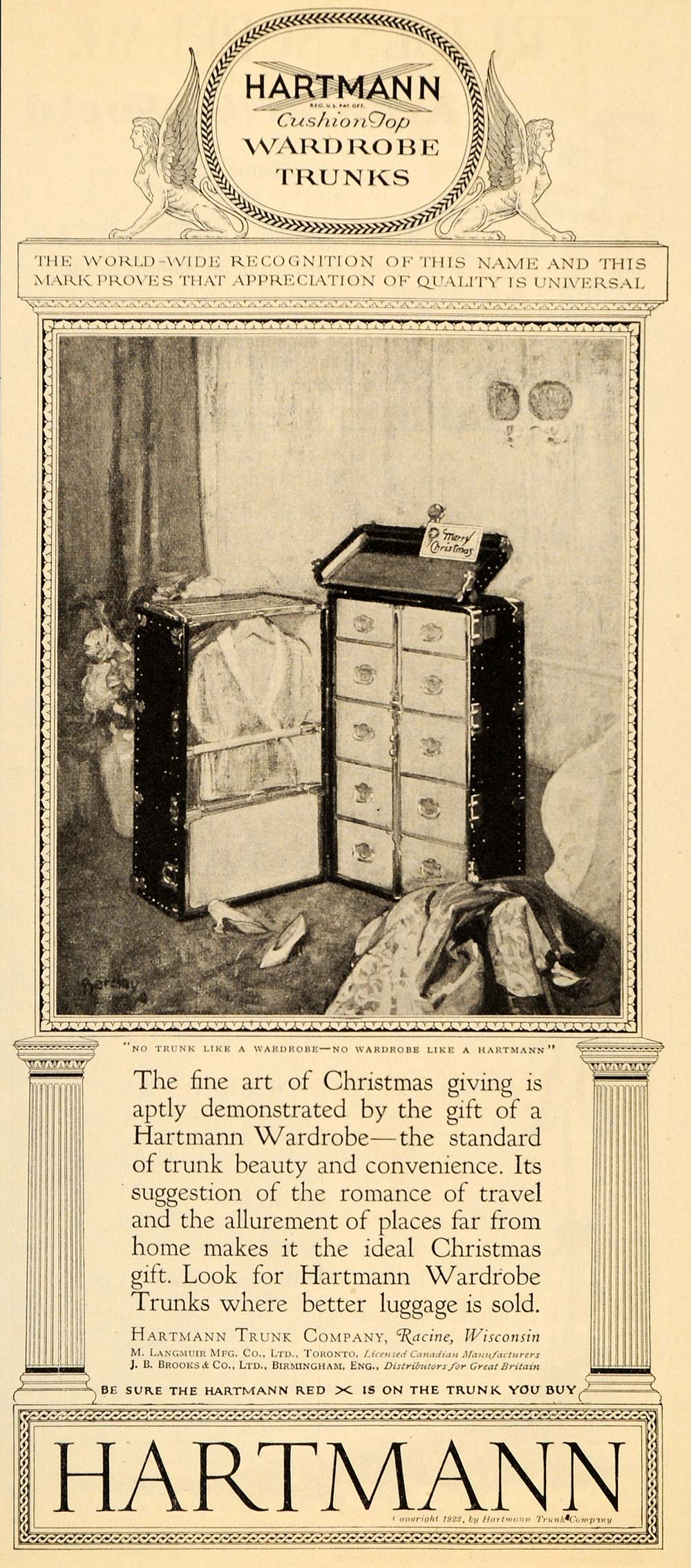 1923 Ad Hartmann Wardrobe Trunk Christmas Racine WI - ORIGINAL ADVERTISING LD1
