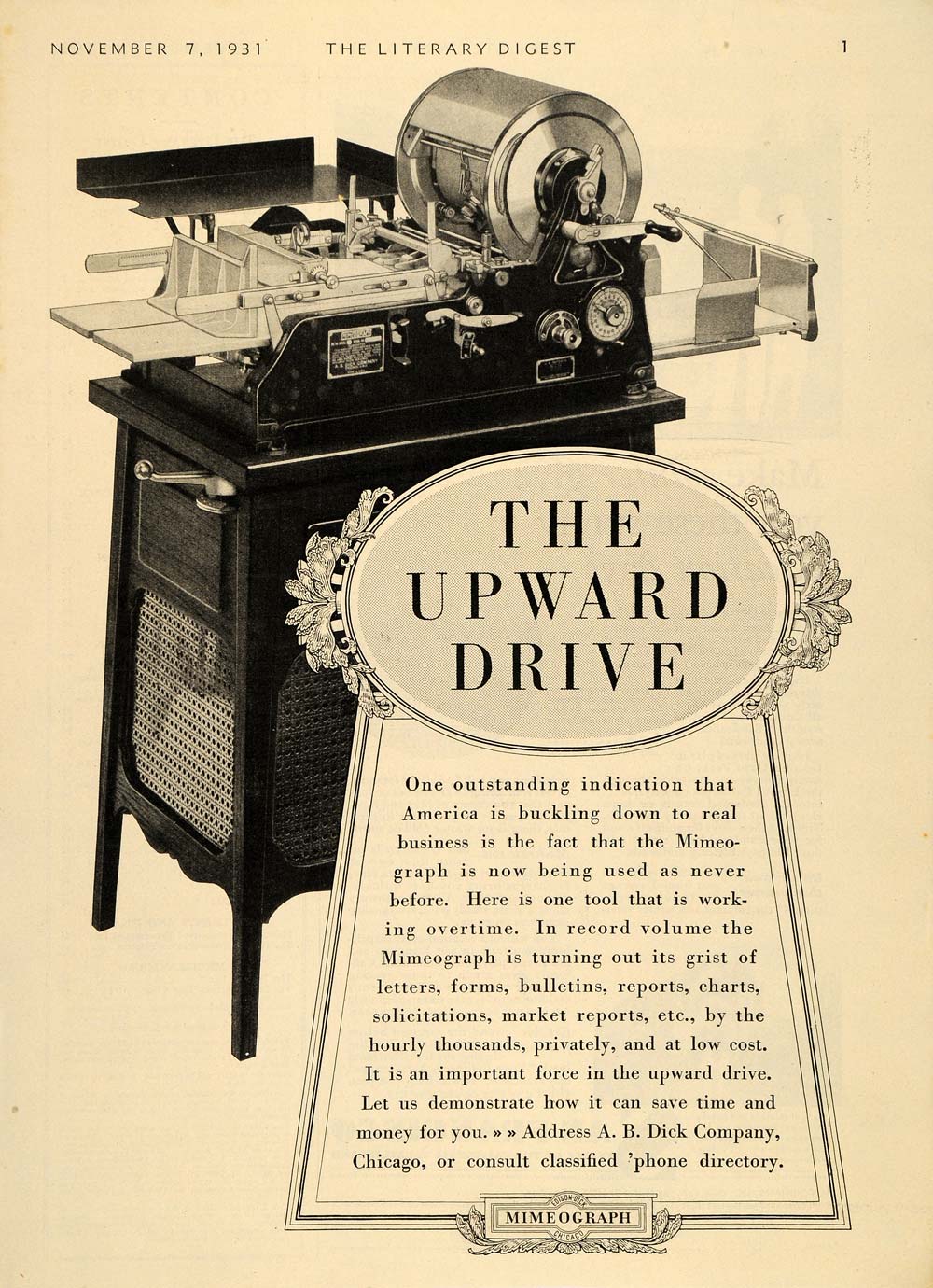 1931 Ad Vintage Mimeograph Machine A. B. Dick Antique - ORIGINAL ADVERTISING LD1