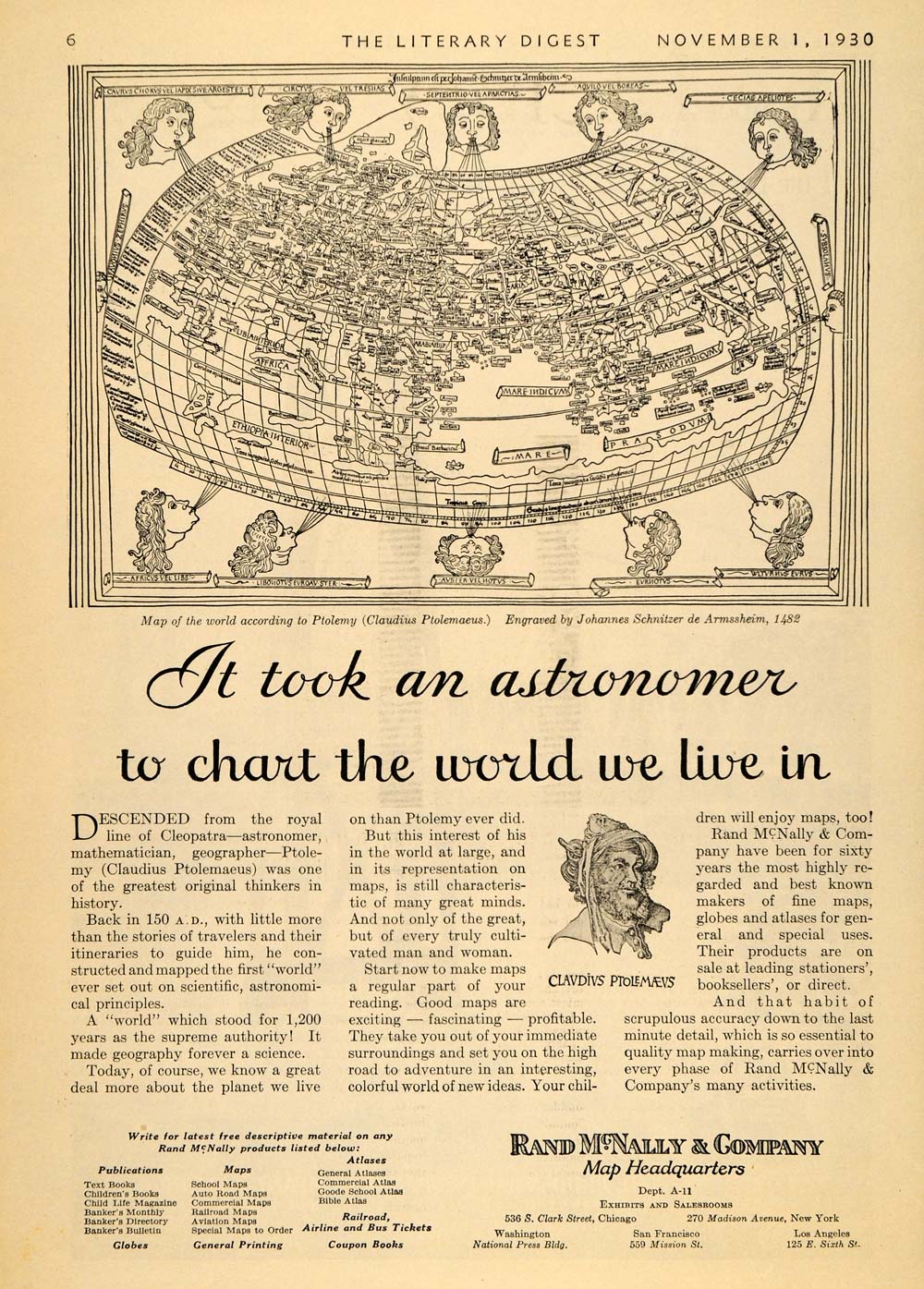 1930 Ad Rand McNally Ptolemy World Map 1482 Cartography - ORIGINAL LD1