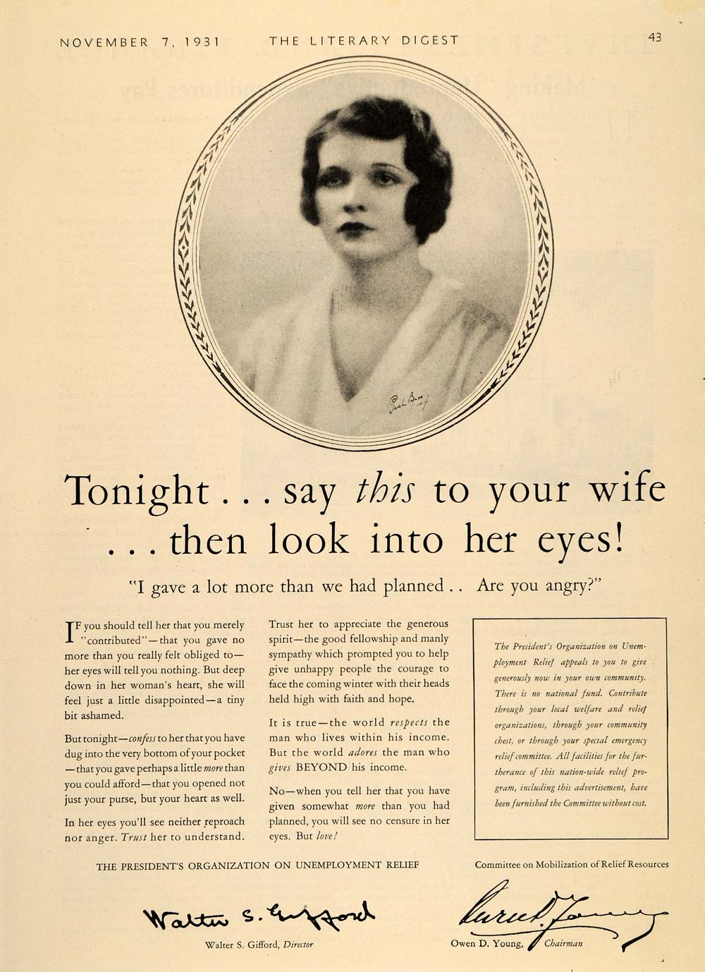 1931 Ad Unemployment Relief Appeal U. S. Depression - ORIGINAL ADVERTISING LD1