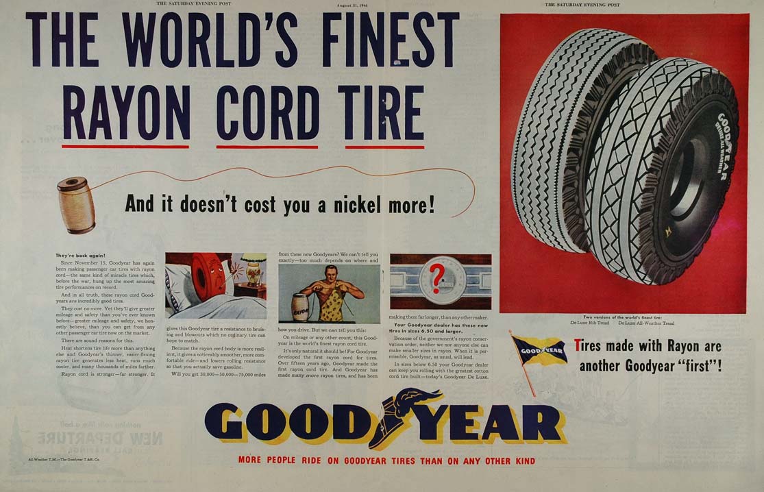 1946 Double Page Ad Goodyear Rayon Cord Auto Car Tires - ORIGINAL LF1