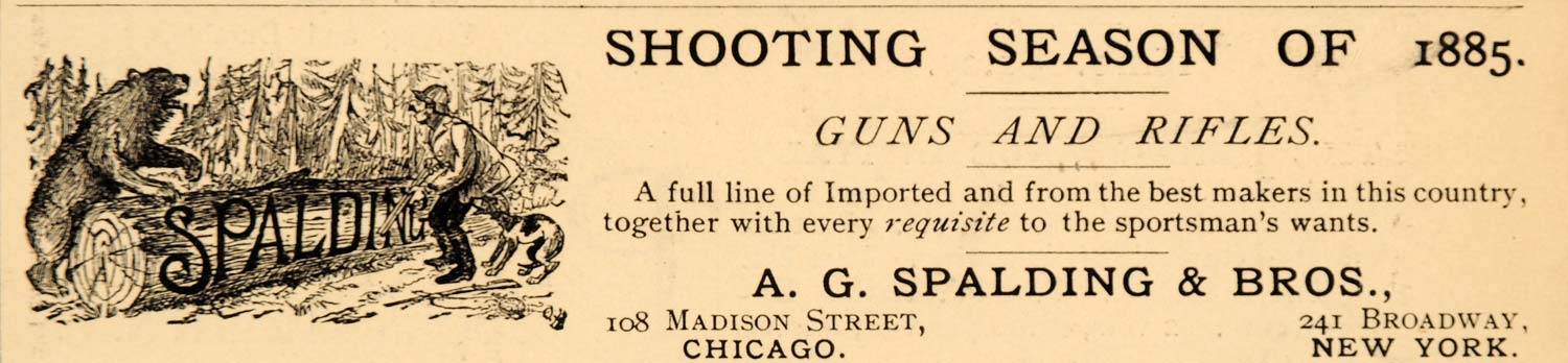 1885 Ad Spalding Brothers Guns Rifles Hunting Bears Log - ORIGINAL LF2
