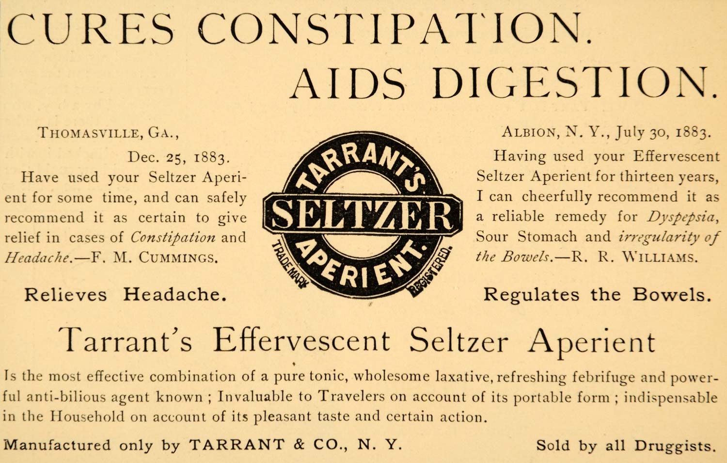 1885 Ad Tarrants Effervescent Seltzer Digestion Bowels - ORIGINAL LF2