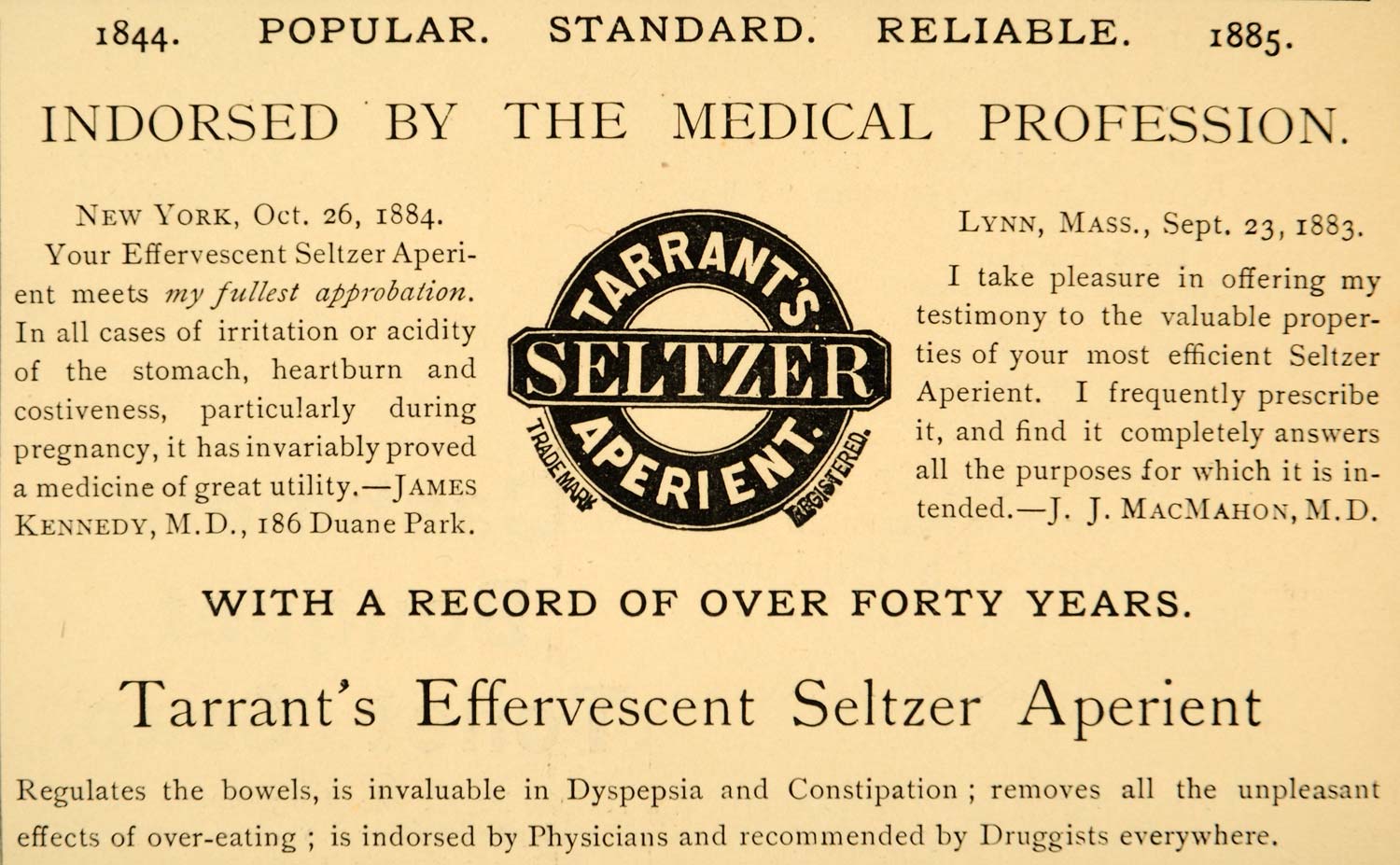 1885 Ad Medicine Tarrants Seltzer Tonic Effervescent - ORIGINAL ADVERTISING LF2