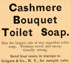 1885 Ad Cashmere Bouquet Toilet Soap Perfume Colgate Co - ORIGINAL LF2
