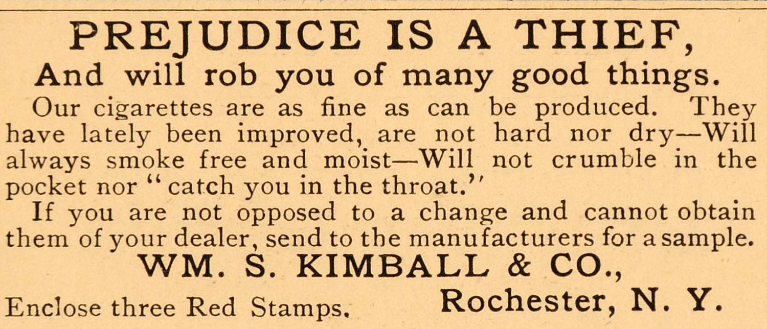 1885 Ad Kimball Tobacco Cigarettes Smoking Rochester NY - ORIGINAL LF2