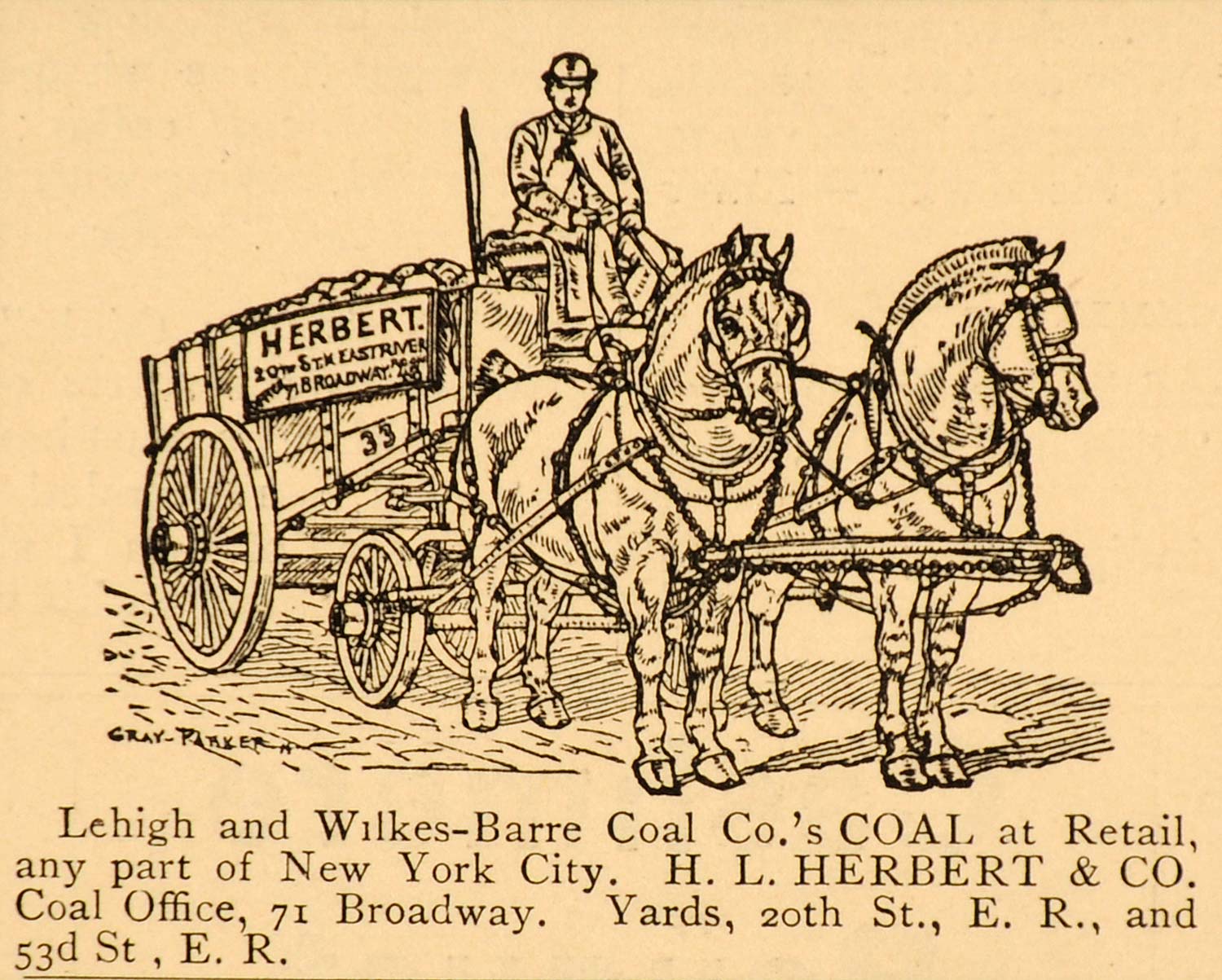 1885 Ad Lehigh Wilkes Barra Coal Wagon Herbert Delivery - ORIGINAL LF2