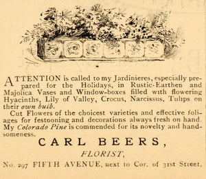 1885 Ad Carl Beers Florist Flowers Window Box Holidays - ORIGINAL LF2