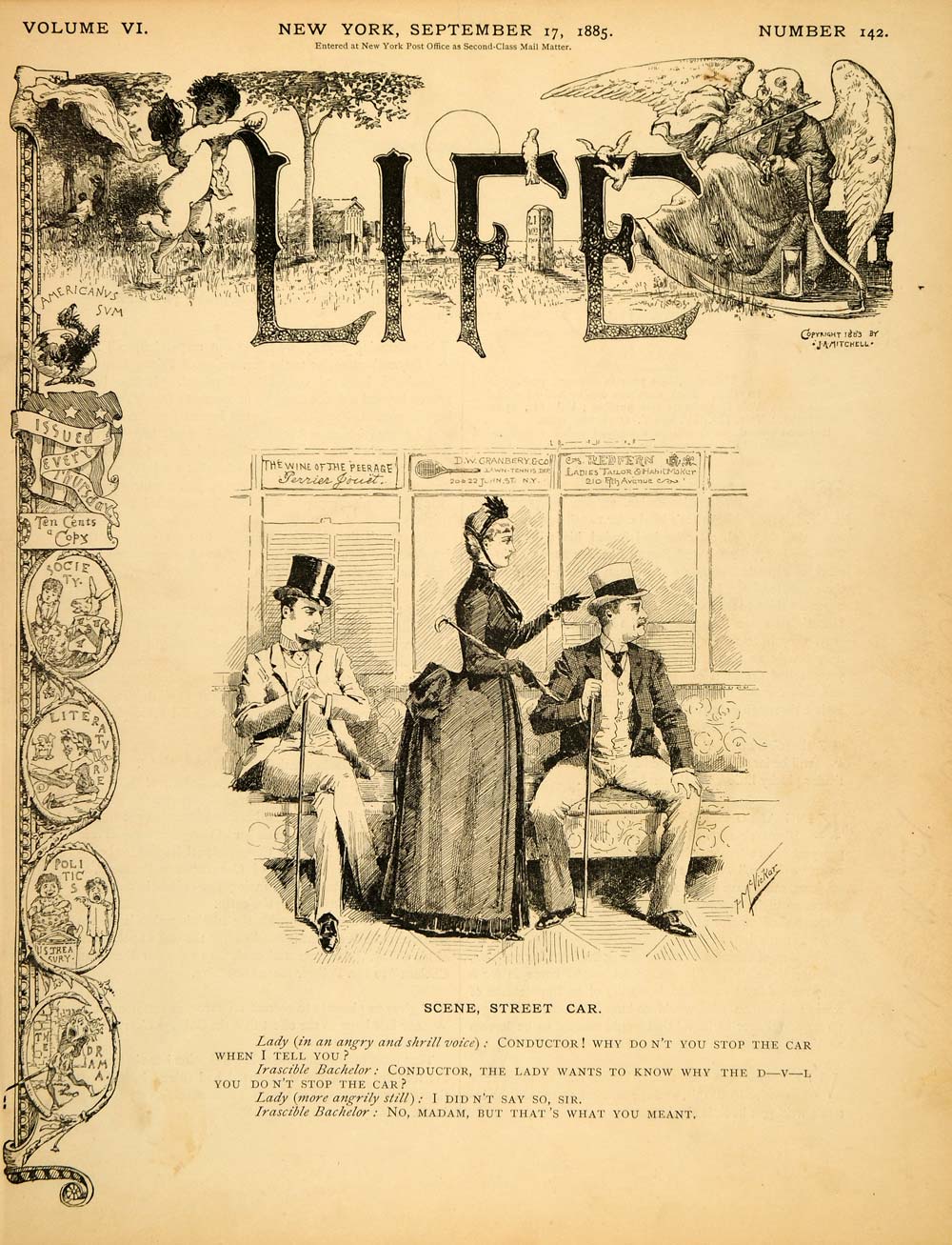 1885 Cover LIFE Street Car Conductor Lady Bachelor Stop - ORIGINAL LF2